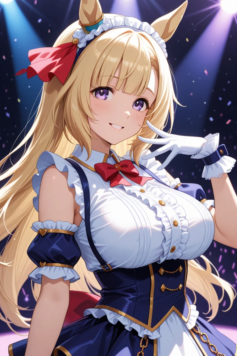 masterpiece, best quality, guam_al, 1girl, breasts, solo, leotard, blonde hair, long hair, blue eyes, fang, star-shaped pupils, cleavage, looking at viewer, blue leotard, one eye closed, smile, symbol-shaped pupils, star (symbol), heart, choker, bare shoulders, very long hair, bangs, facial tattoo, strapless, twintails, heart tattoo, large breasts, strapless leotard, two side up, skindentation, collarbone, sidelocks, tattoo, hair between eyes, garter straps, huge breasts, highleg leotard, frills, playboy bunny, cowboy shot, concert, stage lights, standing, arms behind head, closed mouth, grin,, nice hands, perfect hands,