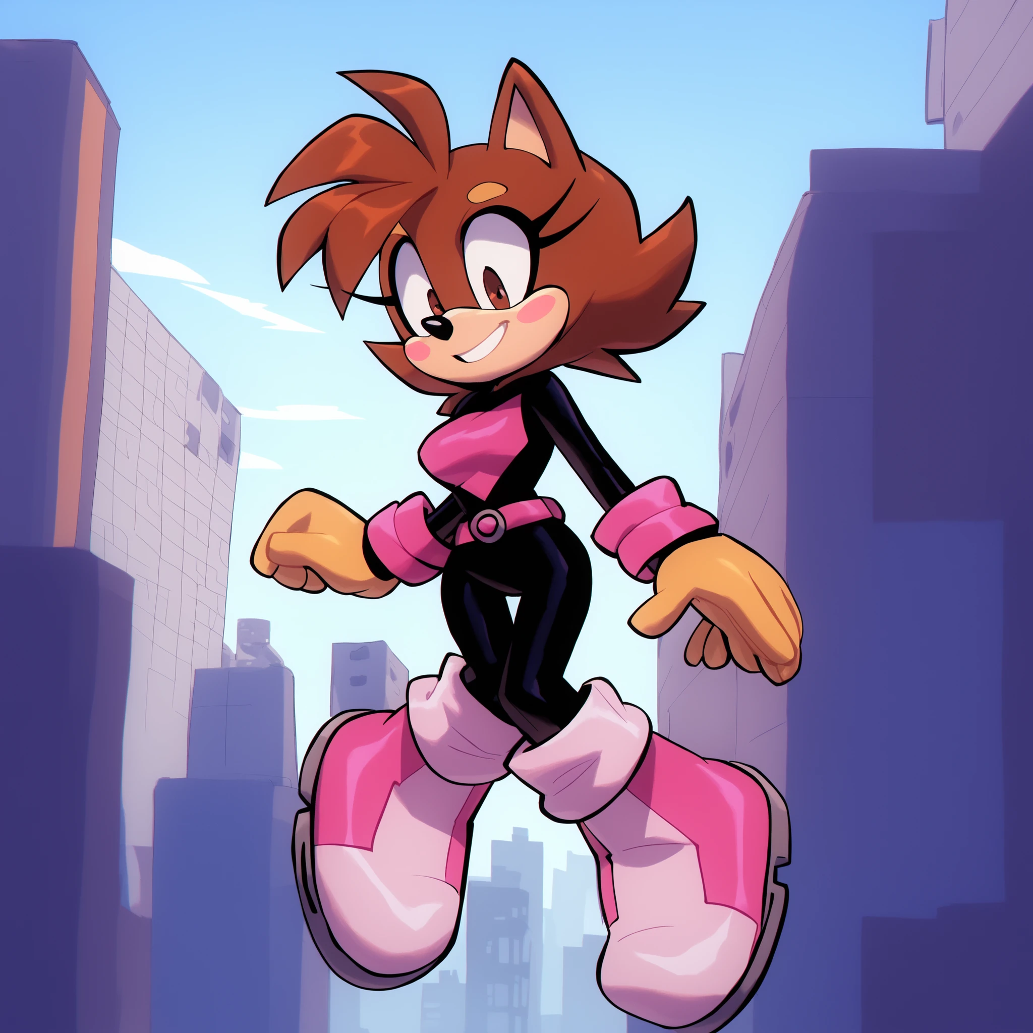 Ochako as a Dog, Mobian Dog, 1girl, brown hair, brown eyes, short hair, blush stickers, superhero, hero bodysuit, pink belt, pink wrist guards, pink boots, Dog, bigdad/character, (Mobian), brown fur, female, smile, slim, young adult, medium breasts, solo, floating, city, sky’s, outdoors, Sonic OC
