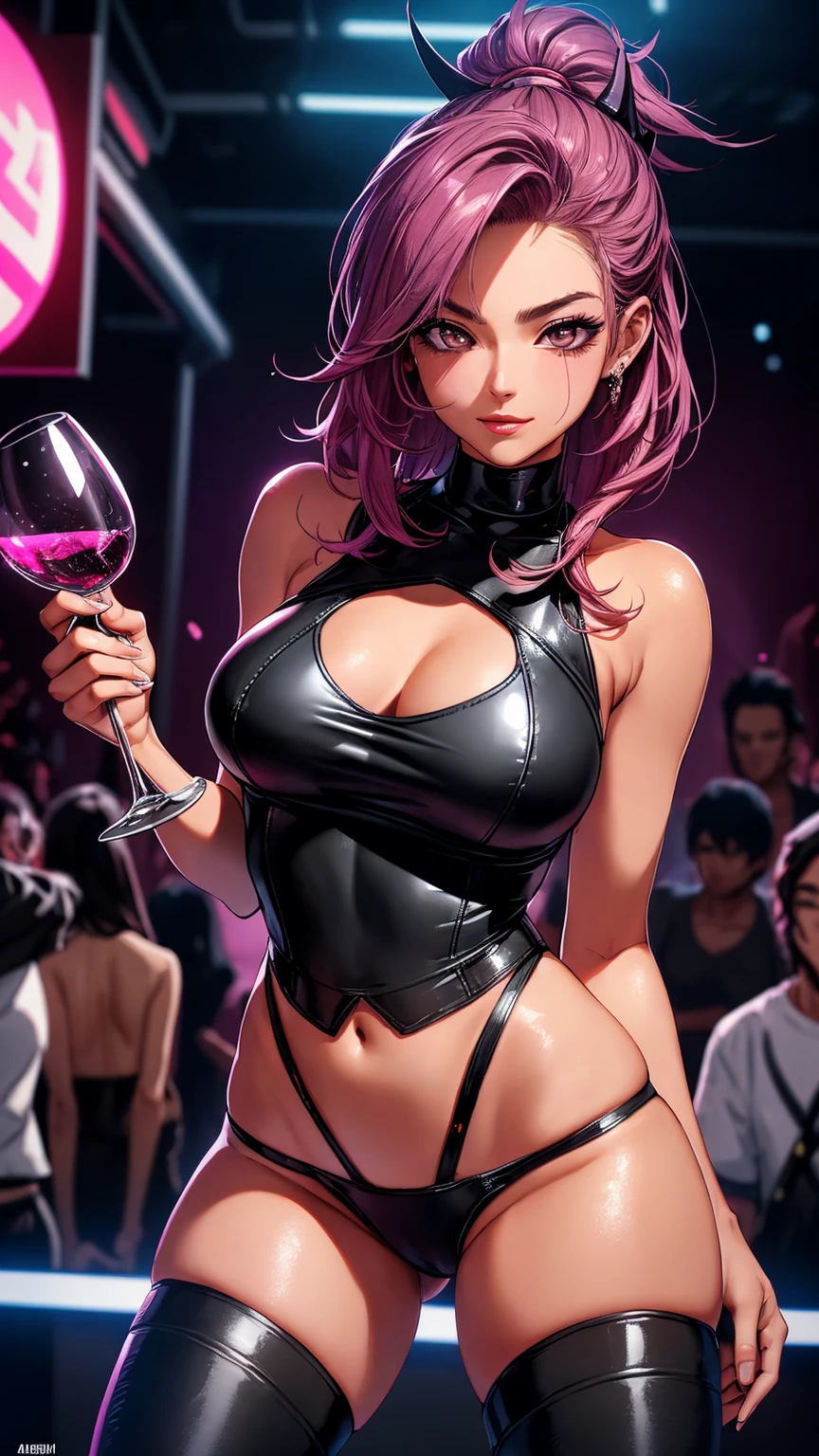 Best quality, Masterpiece, Portrait, Perfect anatomy, Femininity, Cool, Flawless, , Solo, Sexy, Stylish, Mature, Purple eyes, Long light pink hair, Mole above lip, Red lipstick, Big breasts, with a cocktail at the bar