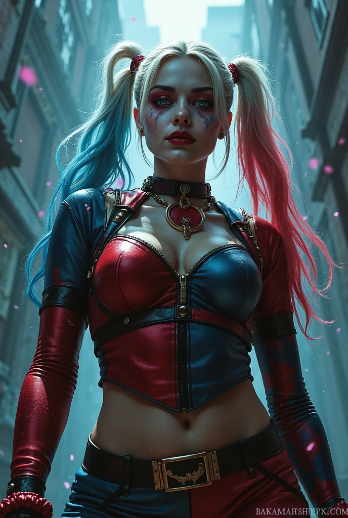 The character Harley Quinn, perfect costume, extremely realistic hair, perfect curves, extremely detailed anatomy, traditional smile 