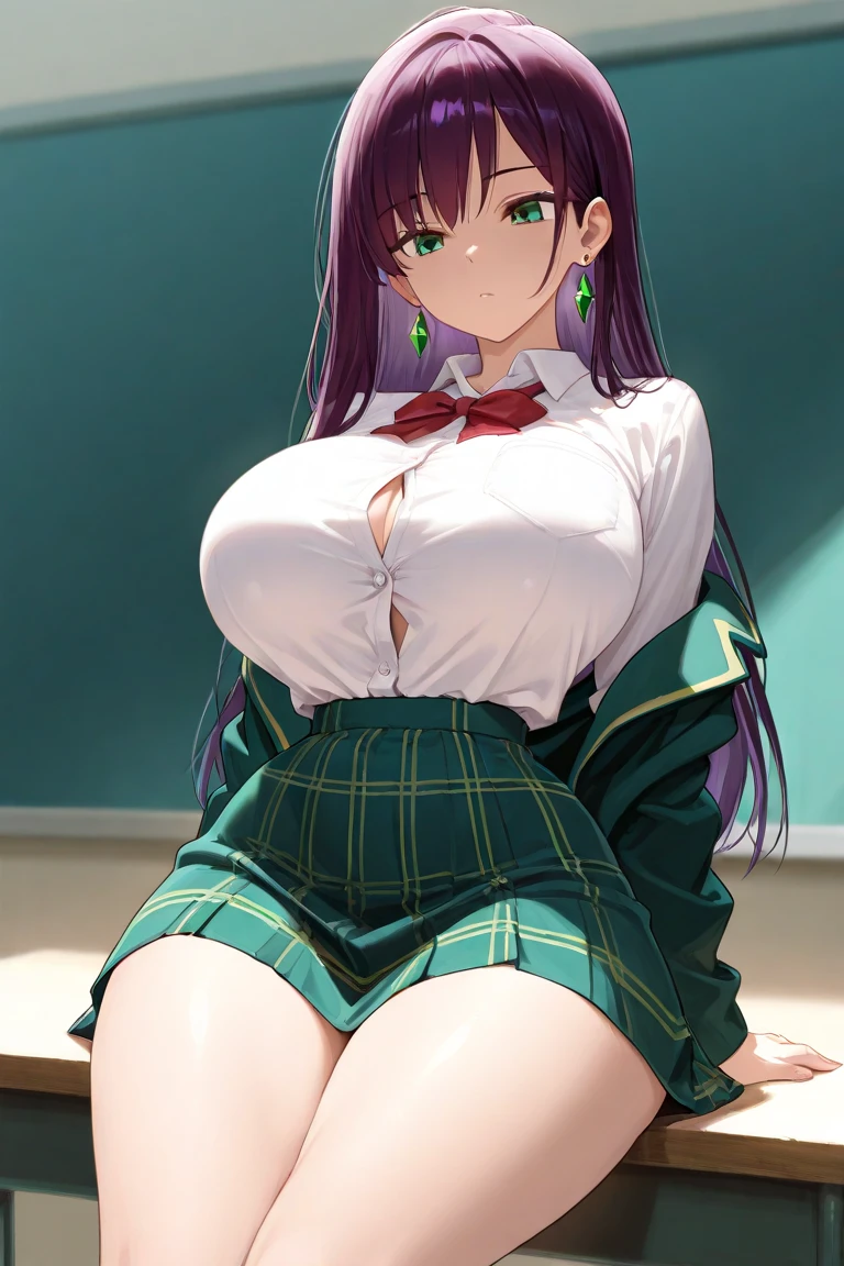 ((Best quality)), ((masterpiece)), ((perfect composition)):1.5, ((perfect anatomy)):1.5, illustration, high-res, prefect lighting, dynamic angle, (((clean and clean))), absurdres, (((clean and clean))), uncreditable absurdres, 1girl, sole, (standing), completely nude, comfort, stillness, chizuruchankaihatsunikki, matured,  full-face blush, heart-shaped pupils, nude, fever, waddled, sexy, full-face blush, heart-shaped pupils, spread pussy, orgasm, full body, purple hair, long hair, hairclip, purple eyes, school uniform, green jacket, opened cloth, large breasts, niplpes, green pleated skirt, (red_choker), (femdom), (((zettai ryouiki))), red choker, (bare legs), no panties, see-through:1.1, pussy, showing off pussy, huge breasts, open mouth, enchanting expressionless, [scowling], (happiness), enjoying, (detailed face description), (detailed eyes description), (seductive), advanced cg, amazing quality, octane rendering, juice, pussy juice, sexy, after school, school, afternoon, class room.
<lora:ChizuruchanKaihatsuNikki-08:0.7> <lora:add_detail:0.35> <lora:rainbow:0.35> <lora:SDXL Detail:0.1> <lyco:BetterPussyV0.1.0-LR00025-Locan:1.0> <lyco:torogao_v4-000010:0.5>