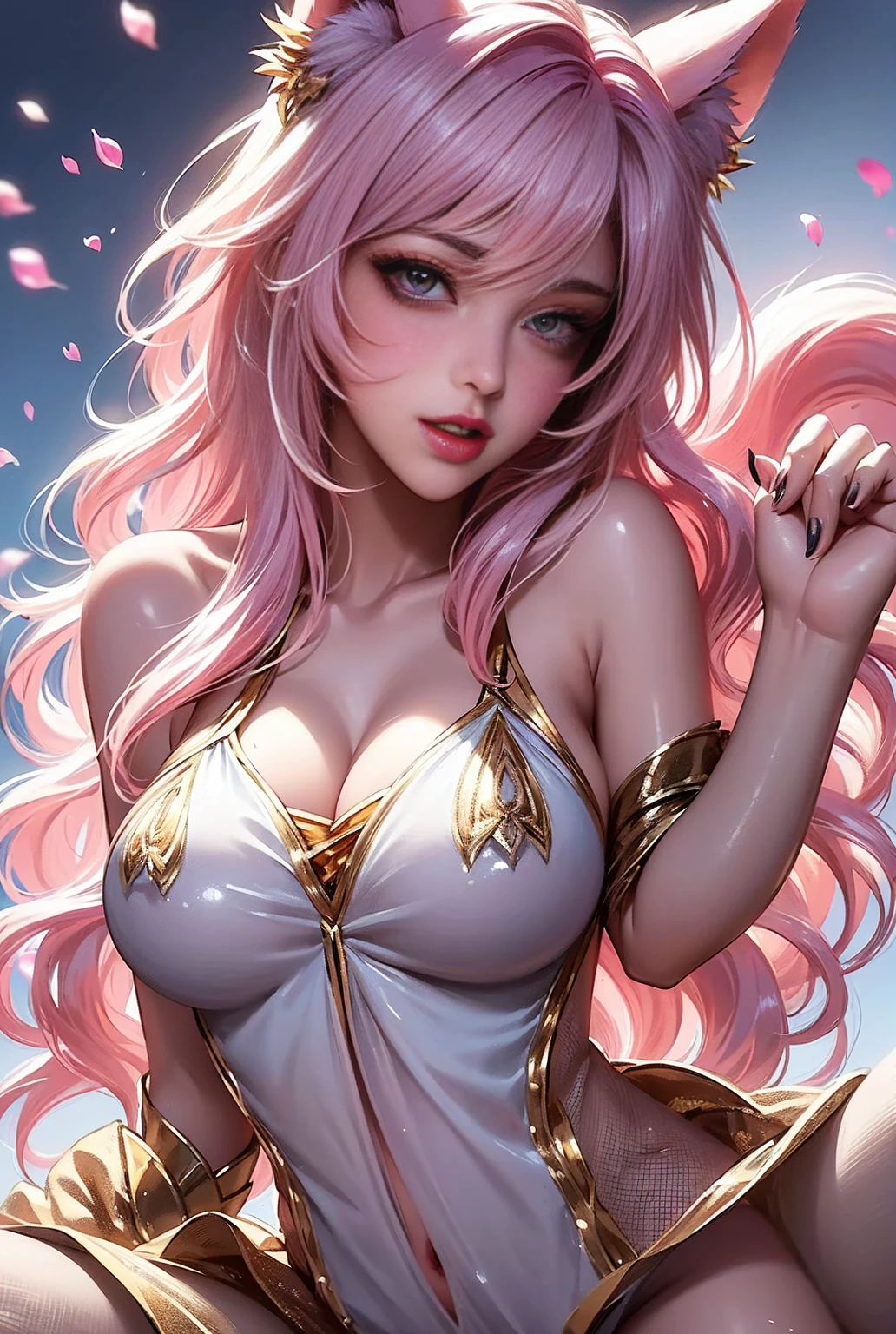 Super beautiful glowing eyes、Face lighting,Bright backlight,medium breasts,超A high resolution,Best Quality,Photos,4K,(Realistic:1.2),
1 girl,Cute,Cosplay,ahri (League of Legends),Looking at Viewer,(Moderate breasts:1.1),Nine Tails,long ears,Green eyes,(Long wavy hair:1.2),White and gold headdress,Purple and gold cheongsam,(Thigh height stockings:1.3),Purple High Heels,Blue and gold bracelet,In the moonlit forest,