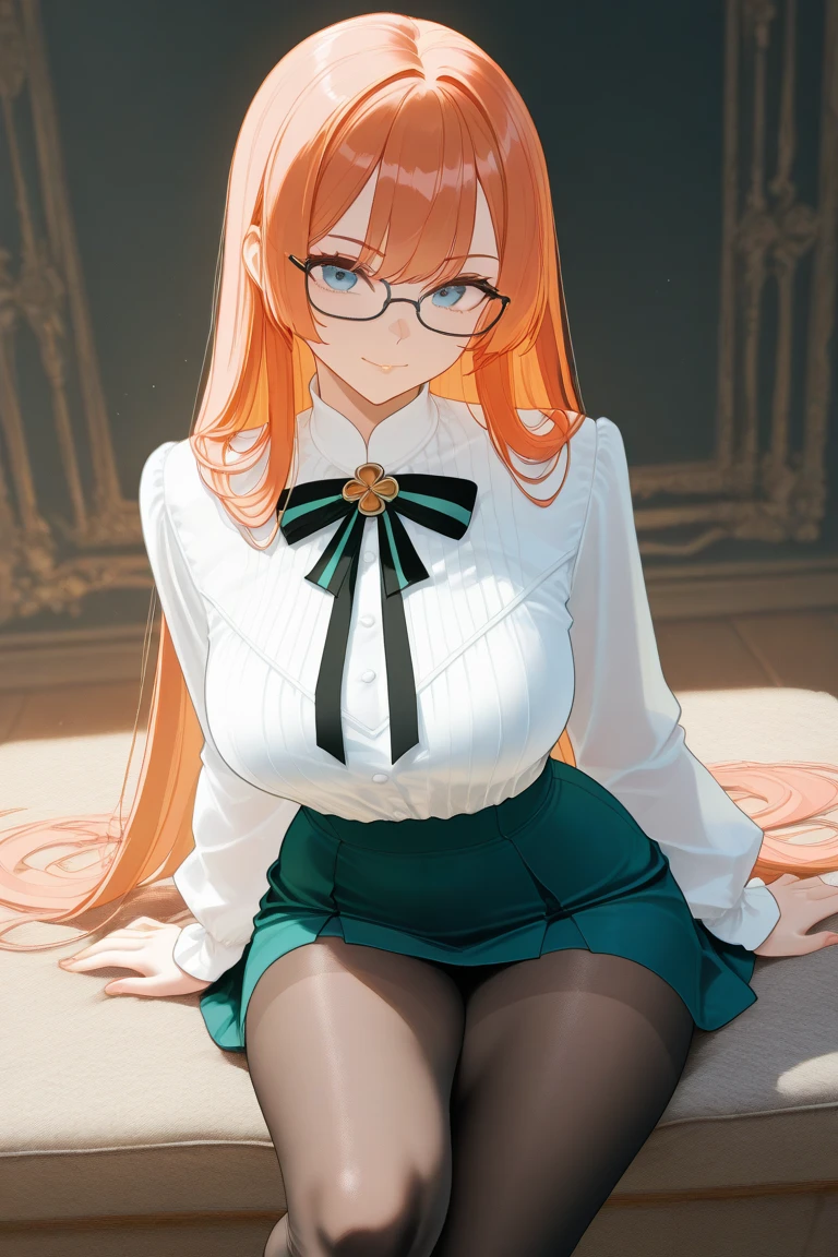 anime girl, 1 person, orange hair, glasses, Crown,maid,fox ear, Fox's tail, front view, big breasts, tights, sitting on desk,exposed chest, underwear, maid suit, shy, blushing, lifting skirt , bright sky, sitting cross-legged, high heels,exposed chest, underwear, middle-aged women, blushing, lifting skirt, showing off underwear, (full HD 4K+ image
