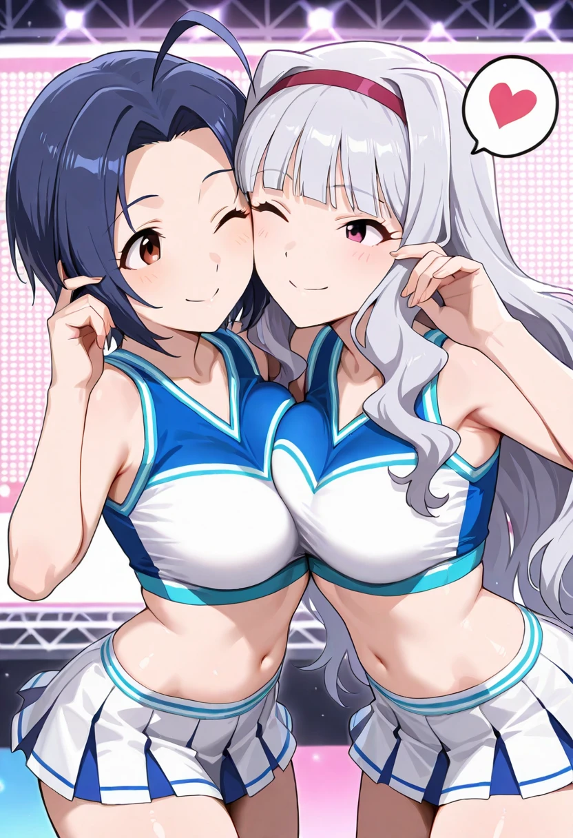 (cheerleaders, cute costume, gal, ponytail, breast to breast:1.2), dynamic, (wide angle, fisheye:0.8), hands up, bare shoulder, laughing, closed eyes, jumping, from above, SSR, (sexual temptation, erotic mood, girly tone, erogaki smile:0.8), love, happy,
BREAK
(perfect anatomy, best quality, kawaii:1.2), cute, (high resolution, kawaii illustration:1.2), (light novel, eroge:0.6), beautiful background,
(2girls, yuri), (teenager, jk,  face, tiny pretty breasts:1.2), slender, (detailed body skin, shiny skin:0.8), (mesugaki, triumphant face:1.2), (1fang:0.6), young cheeky girl,