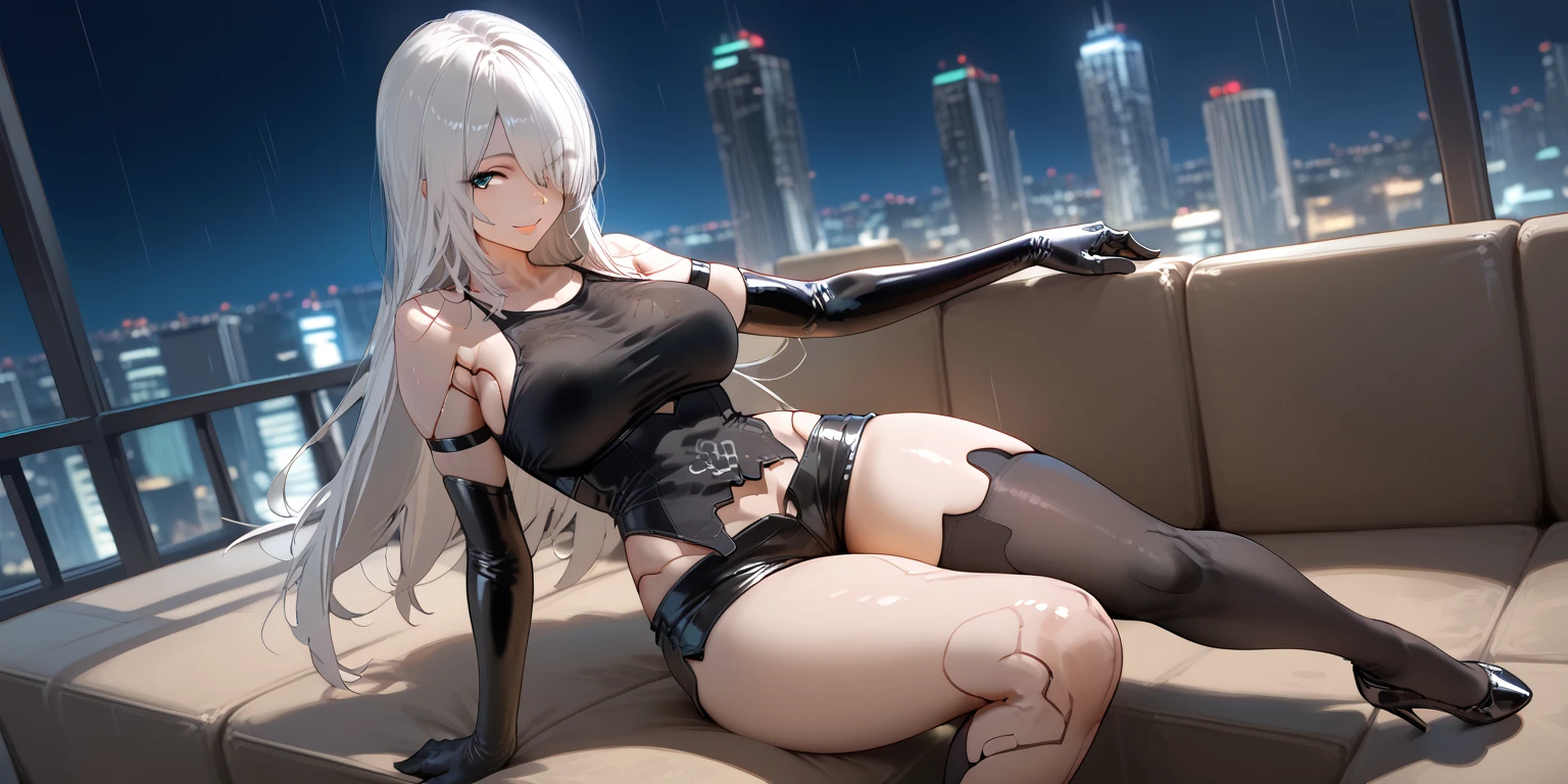 Highest quality、Highest quality、Masterpiece、girl((20-year-old、as soon as、Highest Bust、Medium Bust、Wide open chest、Red glowing eyes、Light Silver Hair、Disheveled Hair、Loincloth、thin、The best valley、Open chest、Full body view、Leather Tank Top、Leather pants、Smile、Leaning forward greatly,Perforated gloves、Sit on a chair、Grip the control stick、A tense face、Red headphones))、high quality、Beautiful Art、background((Space Station、In the cockpit))、flight、Flying Debris、Depth of text、movie、Visual Arts、Perfect Art、8K、Genuine、