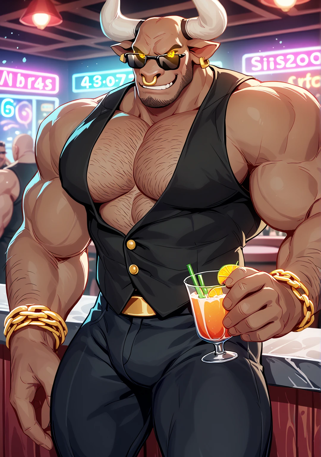 Full body depiction, men only, sexy, sensual, space full of hot air and steam, dimly lit luxury club, haze does not show the background well, luxury casino, squats on table, slot machine, roulette, game table, gambling, strip, large playroom, party, playboy bunny, rabbit ears, white cuffs on wrist, black bow tie, bunny boy, mega muscle, Hyper muscle, masculine appearance, mature male, handsome, underwear only, shirtless, formal leather shoes in black color, no pants, beautiful muscles, complex and elegant, highly detailed digital painting, anime style art, art station, concept art, top quality, masterpiece, ultra high definition, detailed background, realistic figure, muscular man, beard, muscle, facial hair, volumetric lighting, depth of field, bend over, squat, show armpits, smooth and sharp focus, illustration, art, string latex bikini, string latex bikini for men, string bikini for men, strings digging buttocks, facial hair, trimmed hair, muscle, navel, muscle, male, gay, hypermuscle, male focus, muscle male, yaoi, muscle, buttocks, pectoral muscles, large pectoral muscles, Thick quadriceps, thighs, wet body, heat and steam emanating from the body, sweating, soaked, crotch, big back, turning around, showing back, showing ass, upper class, bunny boy waiter, tropical drink, shiny oiled skin, glittering oiled skin, tanned skin, bubble ass, dog style, bunny boy waiter and guest guys