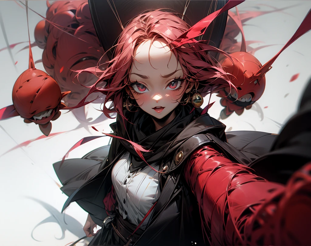 masterpiece,best quality,1girl,strega,bodysuit,mask on hair,red hair,standing,floating objects,waist guard,pelvic curtain,hair ornament,tassel,expressionless,closed eyes,dancing,simple background,<lora:TrinityStrega:0.6>,