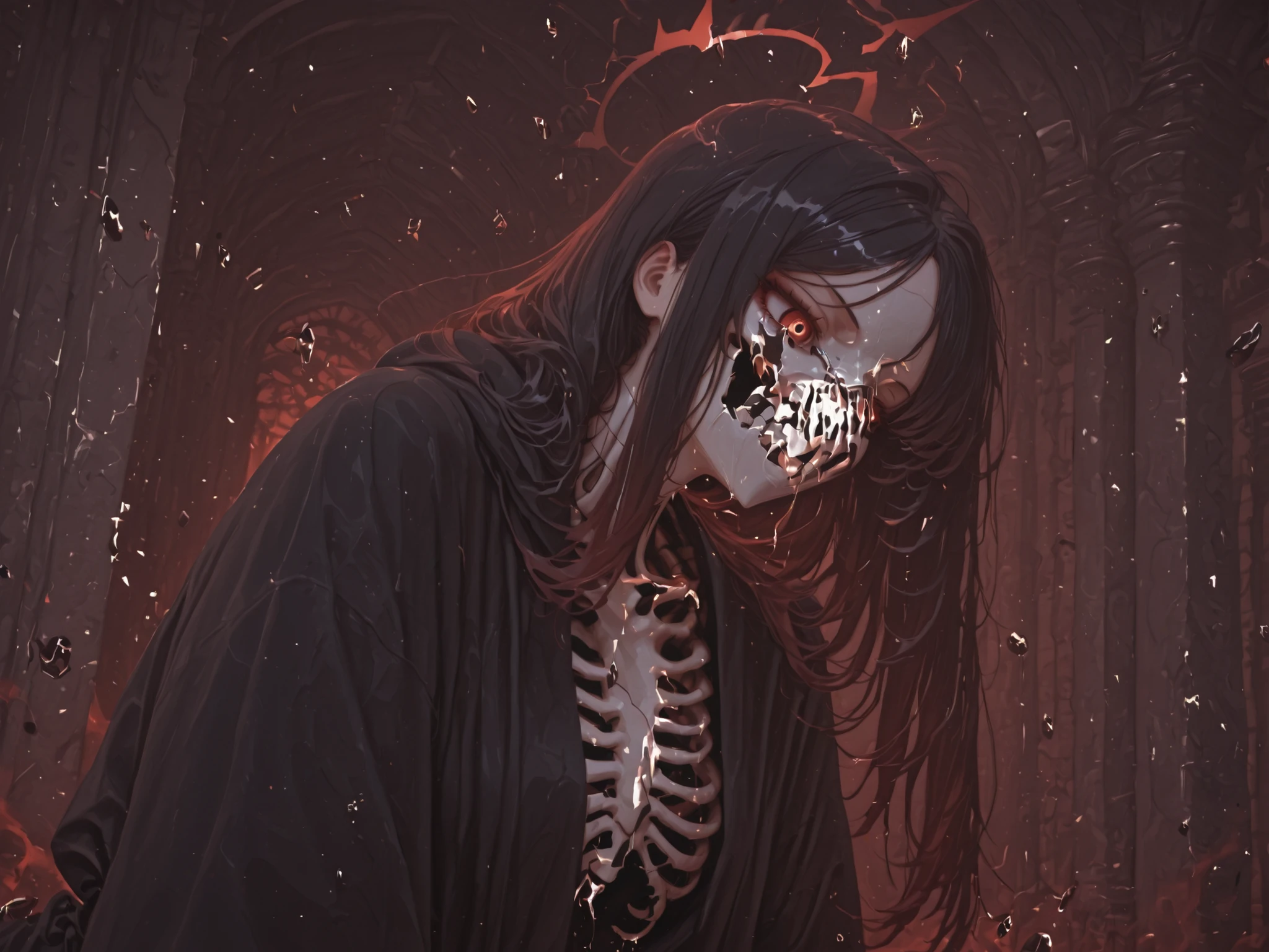 masterpiece best quality Cool man skeleton face magnification Black base robe has red eyes negative aura background black hatred