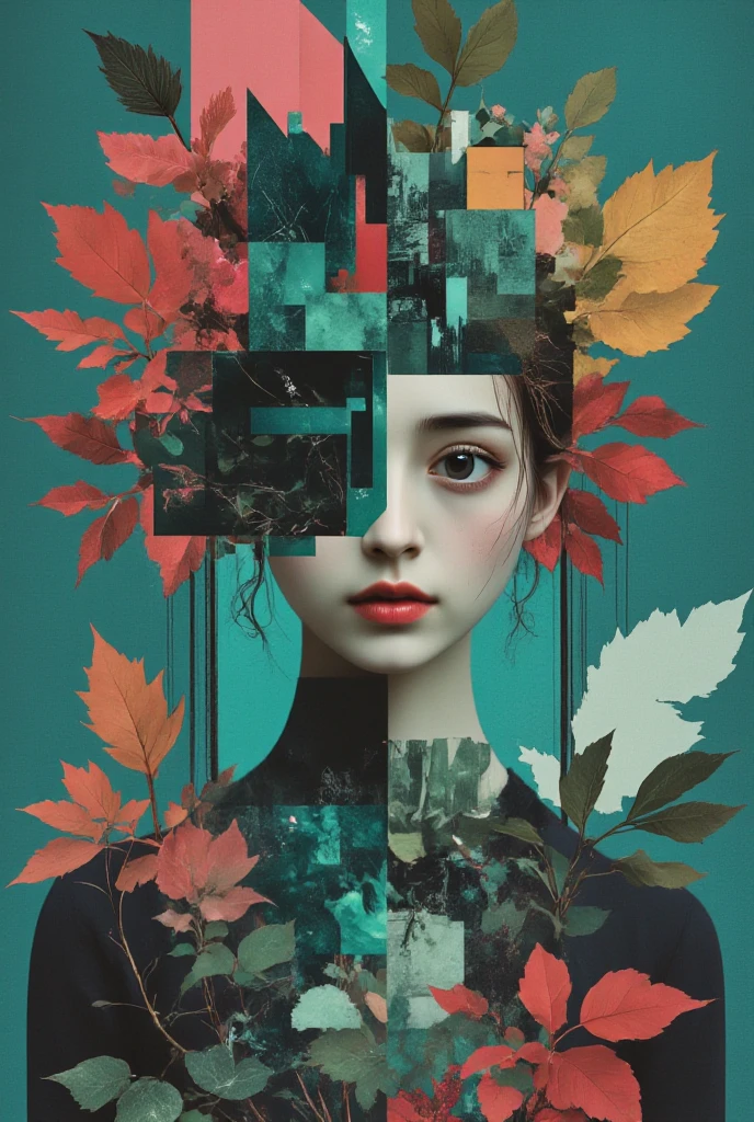 Illustration of an Asian girl marionette puppet show. Double exposure of colorful geometric leaf pattern. Calm and calm expression, contrast, (abstract composition in which the girl marionette puppet's face is divided into two parts, joy and sadness: 3), dramatic contrast between the calm warm-colored girl marionette puppet and the background composed of primary color geometric patterns.