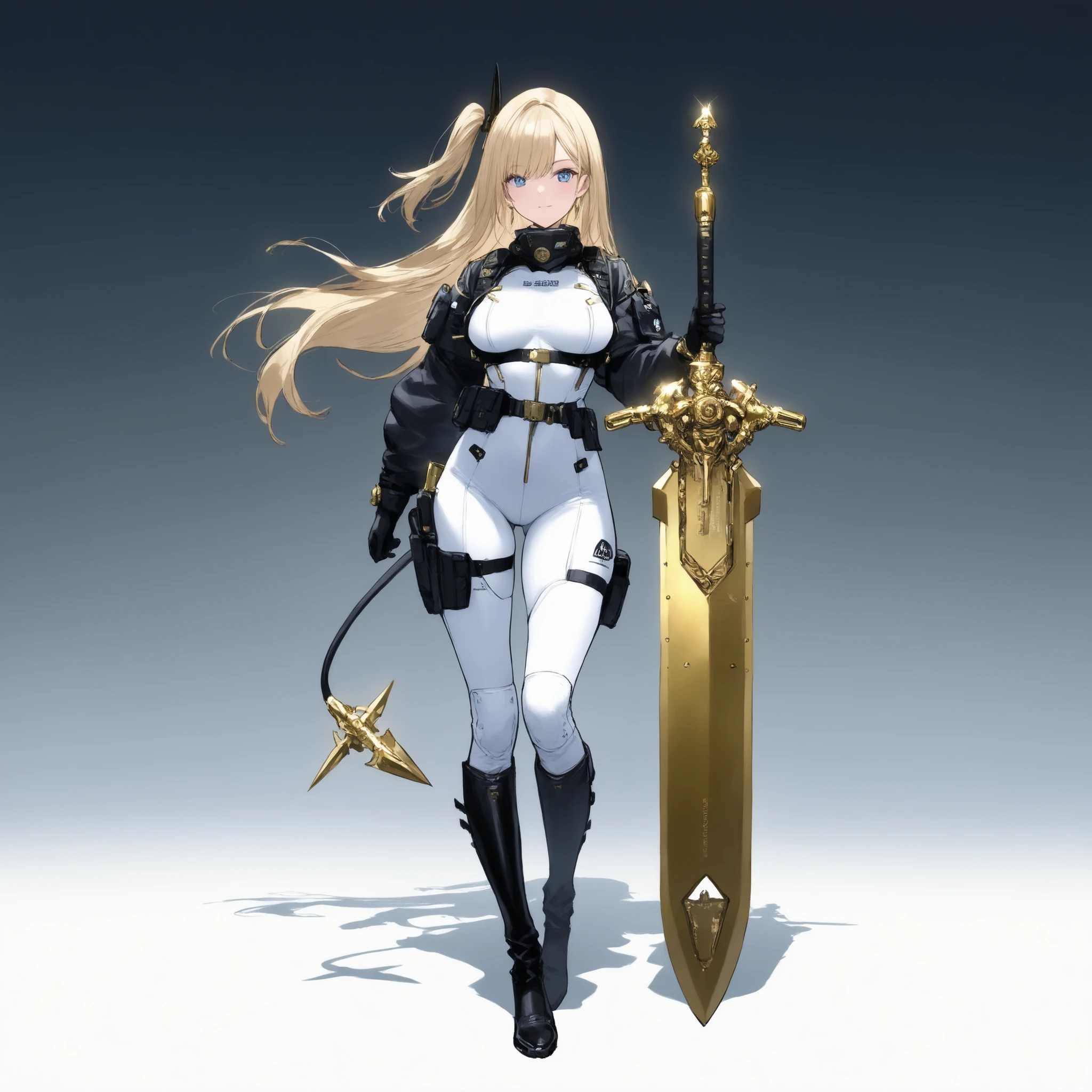 one beautiful woman, Gold,side tail on a dolphin,White bodysuit,Futuristic Armed Forces,Great Sword,high-cut boots that touch grass