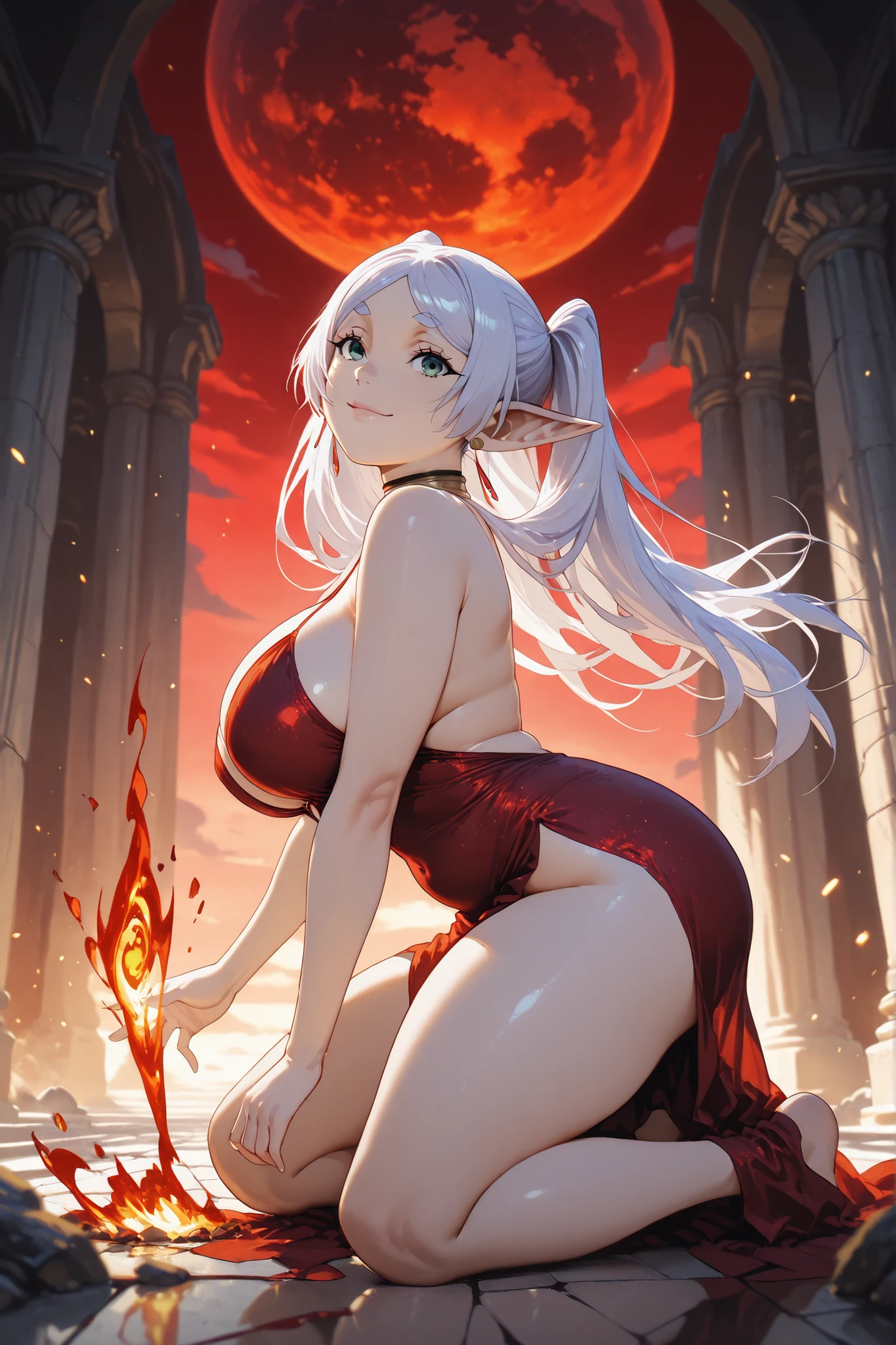 ((masterpiece,best quality)), absurdres,
Twinrova, seductive smile, beautiful face, eyeshadow, lipstick, full lips, forehead jewel, white hair, curvy, twintails, tan skin, oiled skin, big hair, very long hair, nude, naked, heterochromia, gigantic breasts, slender waist, wide hips, long legs, thick thighs, belly dancer, harem girl, bedlah, jewelry, sorceress,
Seductive pose, sexy pose, sultry pose, beckoning, cinematic composition, symmetrical shot