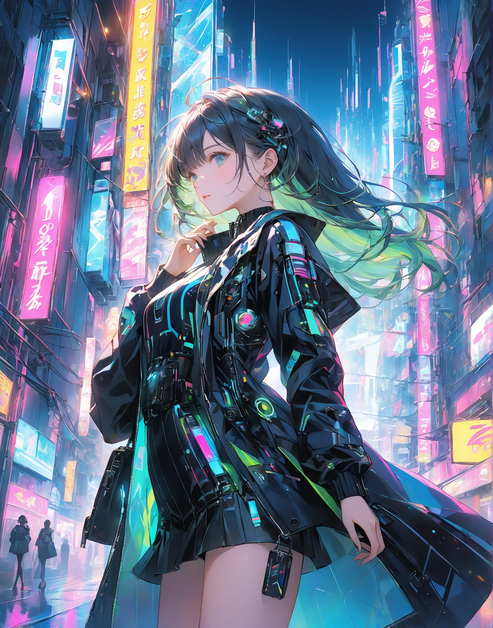 (masterpiece,best quality,ultra detailed,ultra high res,detailed background),((cyberpunk)),((flat color)),((colorful)),(1girl),pilot,pilot helmet,pilot jacket,looking at viewer,solo,upper body,colored background,high contrast,contrasting colors,cowboy shot,