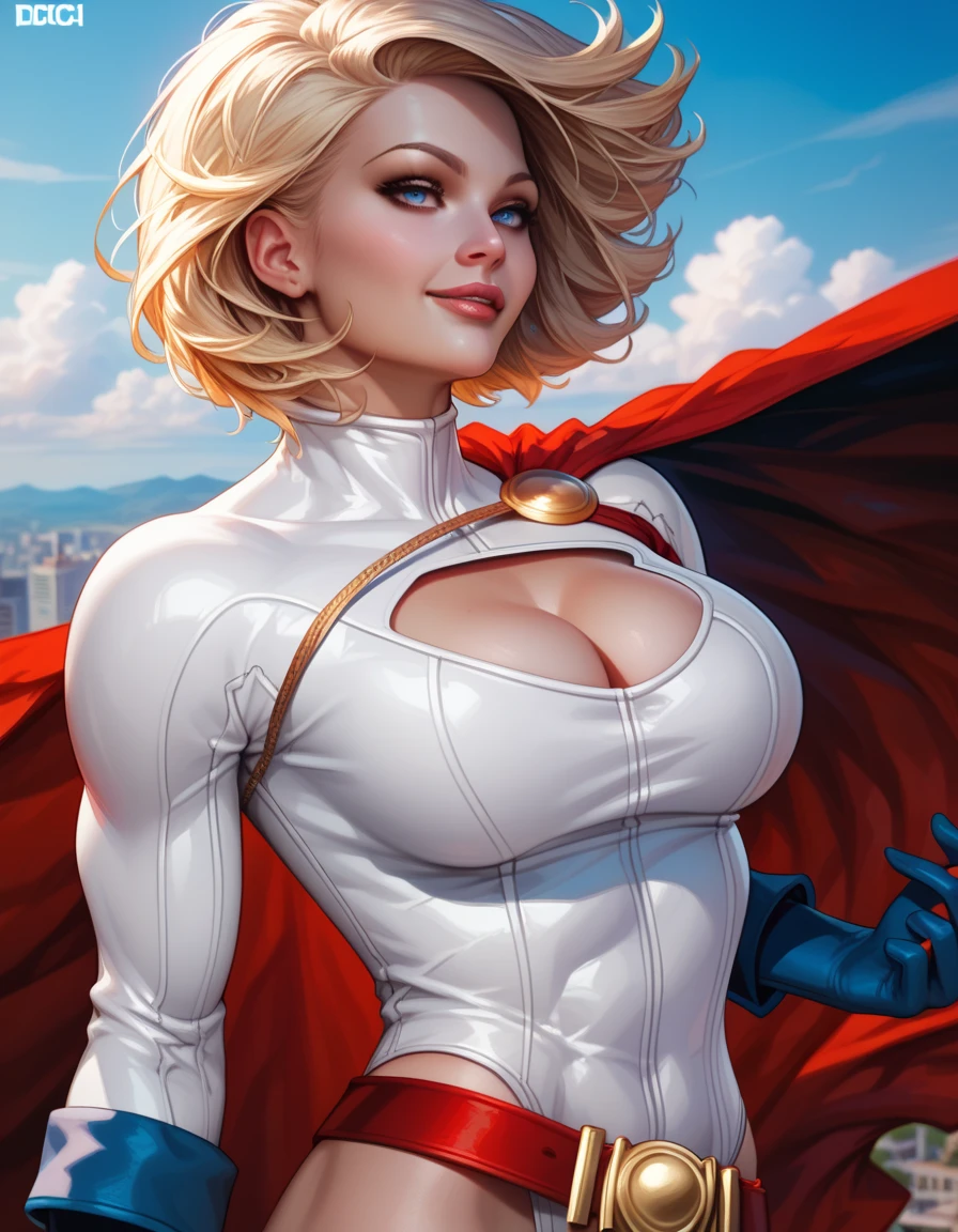 score_9, score_8_up, score_7_up, score_6_up, score_5_up, score_4_up, realistic, by Jackerman, Power Girl, Power Girl costume, looking at viewer, seductive, beautiful detailed eyes, posing with her arms up behind her head, showing off her huge breasts, POV, voluptuous, hourglass figure, huge breasts, cleavage, sweating, cinematic lighting, professional lighting