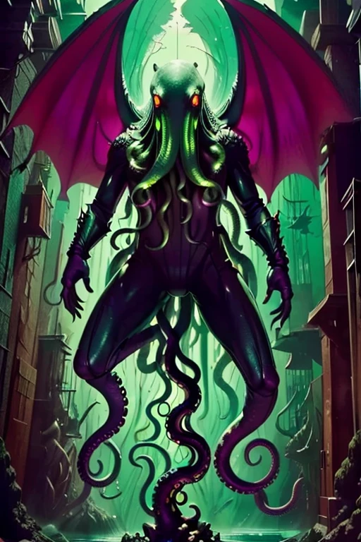 Cthulhu full body, Strong body, starry Night, Scaly skin, huge facial tentacles, holding a sign that says "Momo is mine", big wings, angry, Detailed ram horns, 4 green eyes, holding a sign that says "Momo is mine"