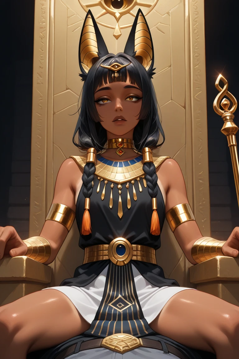 Pharaoh, the pharaoh woman, Sphinx, sphinx girl, onyx sphinx, monstergirl, (solo), photorealistic anthropomorphic animal in bed, furry, detailed face, detailed hands, egypt, warm colors