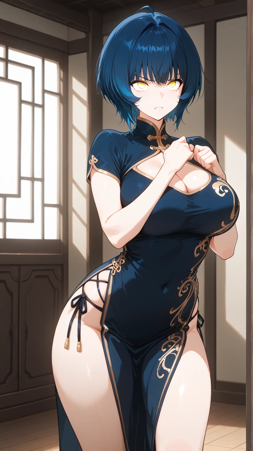 Raiden Shogun, raiden, Masterpiece, Best quality, Ultra-detailed, Beautiful lighting, bangs, (Stand with one foot in front of the other,both hands on hip), (angle of view:1.1), (Smile:0.9),Busty body,large thick legs,nakeness,(Unbeatable masterpiece, ultra realistic 8k cg, Perfect artwork, perfect women figure,dramatic shadow,Ray tracing),
( spotlight,Perfect lighting,Detailed light,dramatic shadow,Ray tracing),
(Mature female, A MILF, An extremely delicate and beautiful:1.2),
(Seductive posture, Suggestive sexual behavior,Dressing sex),((Large breasts:1.1)),(abundance:1.3),(Short hair:1.5),
Wide hips, (wie z_swarm,ancient chinese background, The Chinese model, Shawl, plumage, Hanfu, Detailed clothes,Chinese pattern dress:1.2), (Indoors + dark vibe atmosphere + Chinese Garden + Pavilion + Peaceful + bridge + green trees),