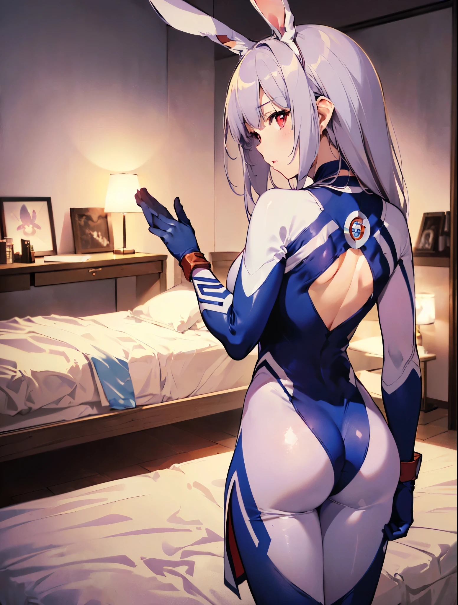 ((best quality)), ((Meisterwerk)), (Detailliert), Perfektes Gesicht
big tits, big ass, laying on bed, tight full body suit, tight clothes, white hair, long hair, doggy position