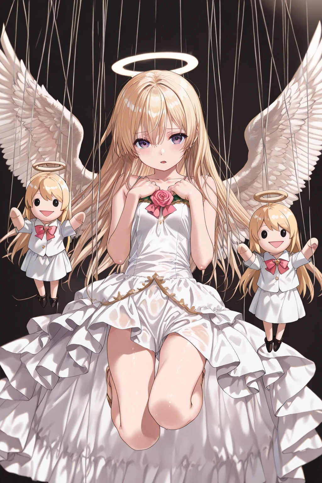From front、dramatic scene、Dynamic Angles、at night、A screen full of roses、Rose Garden、wet hair、Beautiful、 Slim、 Angel Wings、A unanimous masterpiece、Top quality、State of the art resolution、dramatic shadows、A fully calculated light source、1girl, angelic costume, (shy, open mouth, loo at viewer)、hands on chest、(Puppet strings hanging, An angelic girl with puppet strings entwined:1.3, Angel girl suspended in the air by puppet strings:1.3)、