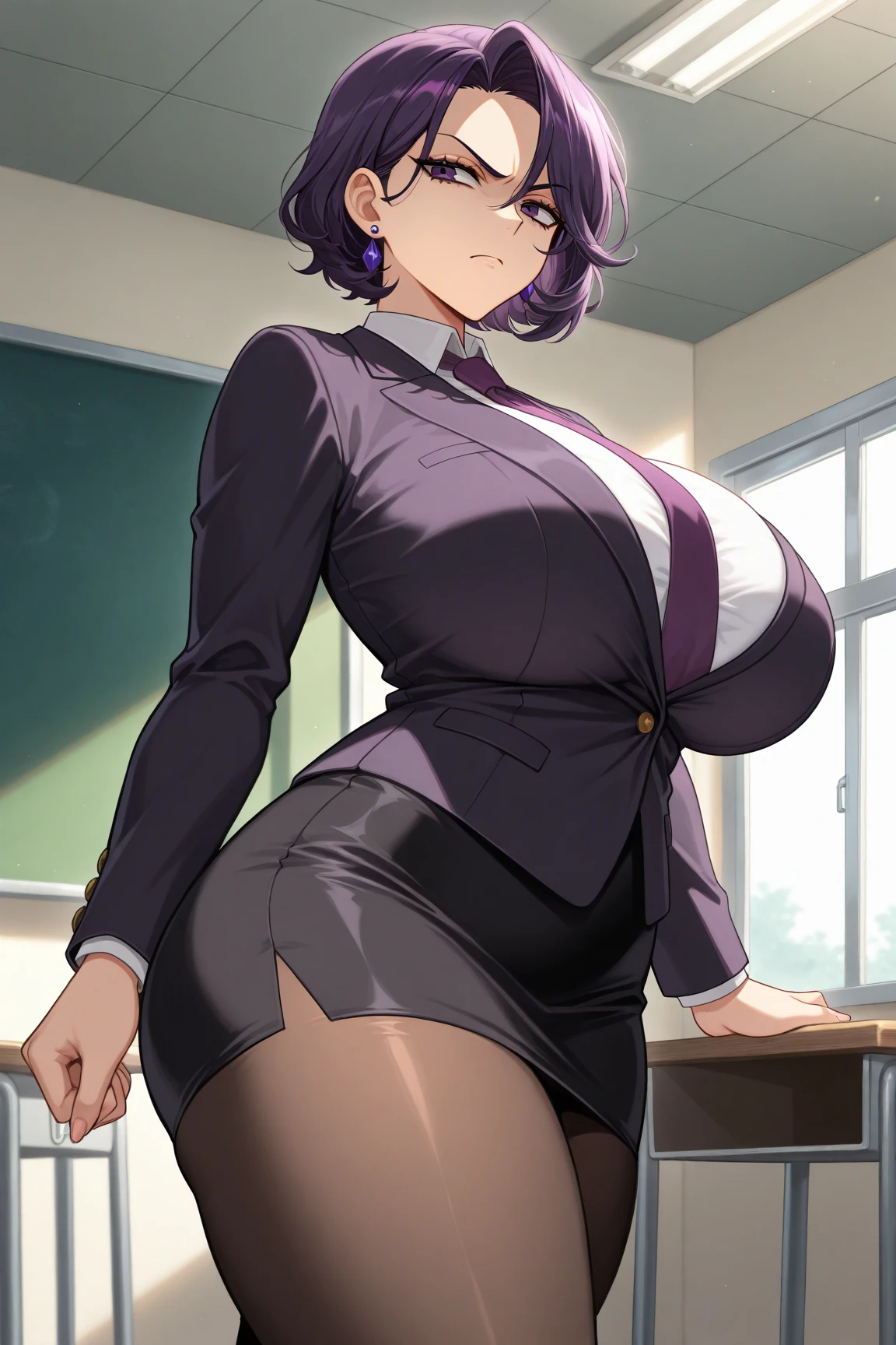 (highres, high quality:1.3), intricate details, cinematic lighting, sharp focus, depth of field,
KuroseKatsuko, 1girl, solo, mature female, looking at viewer, standing, from below, cowboy shot, complex background, park, sky, tree, city,
serious, embarrassed, blush, holding book, open mouth,
[brown|black] hair, short hair, blunt bang, hair bun, ribbon, makeup, lipstick, eyelashes, brown eyes, detailed eyes, glasses, perfect face,
suit, jacket, skirt, black pantyhose,
huge breasts, curvy, chubby, thighs, 
