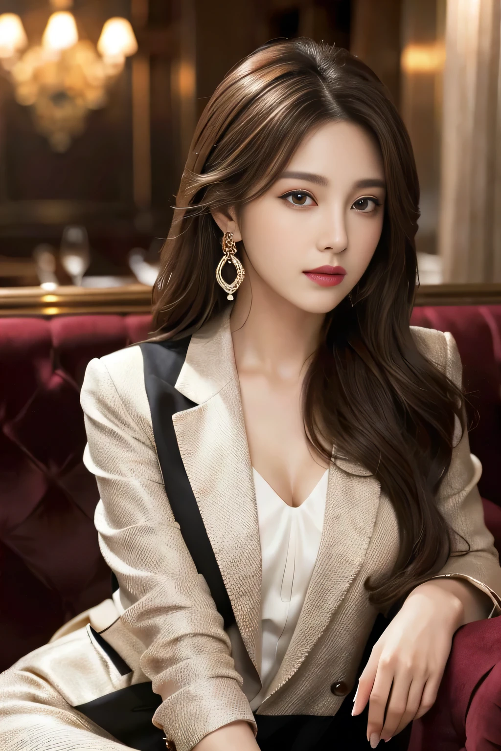 masterpiece, Highest quality, Realistic, Very detailed, Finer details, High resolution, 8k wallpaper, One beautiful woman, Wear a nice suit, In a great restaurant, At night, Light brown messy hair, Perfect dynamic composition, Beautiful and beautiful eyes、Big earrings、Sit on the sofa