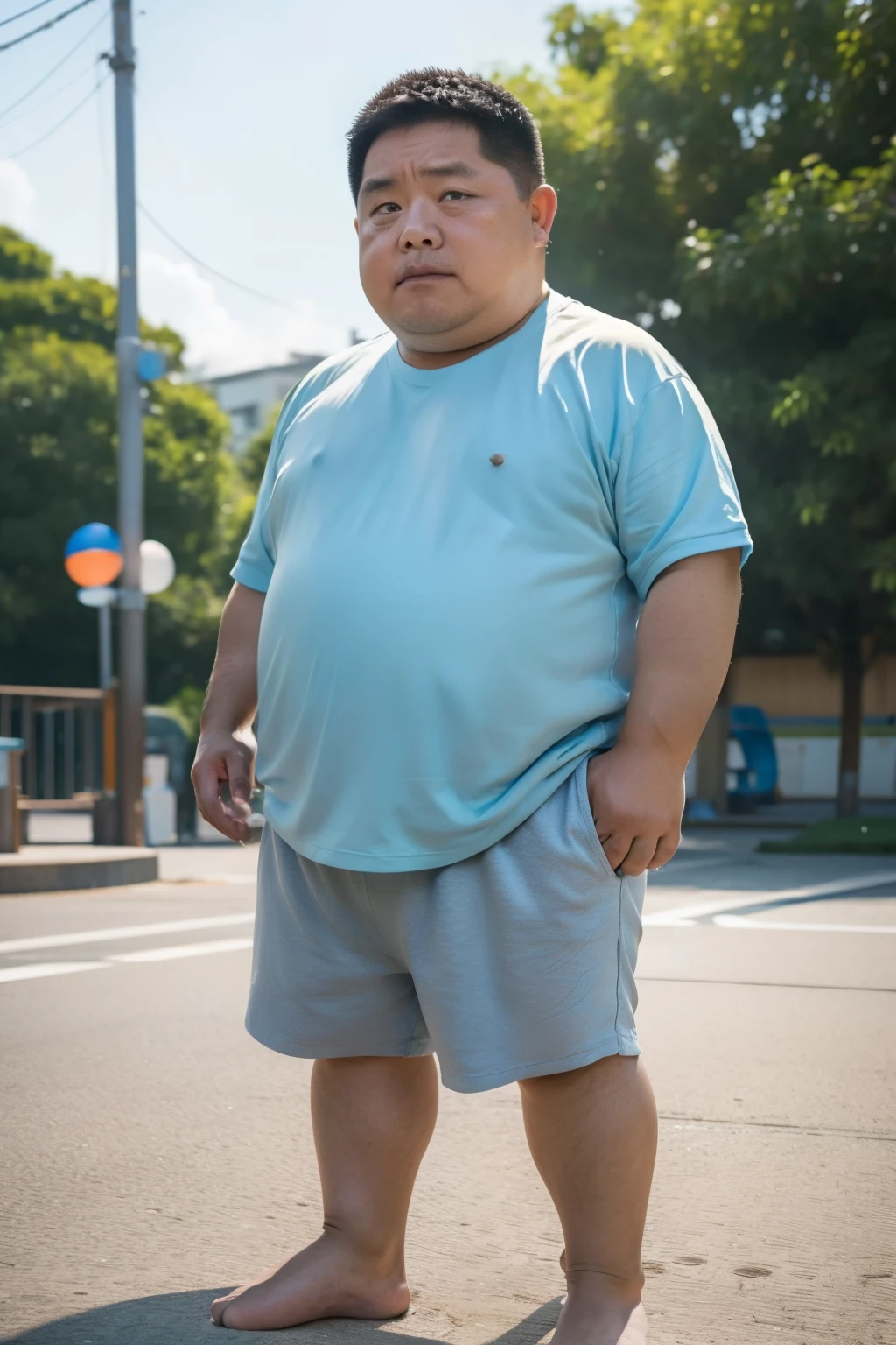 Thick Japan middle-aged man in his 50s, 1man, retarded, Dwarfism, He wears a light blue shorts, Bare Thighs, Pampers, shirtsless, ((peeing self, wetting self, pee stains,)), ((trembling, fear expression, scared, looking at viewer)), kindergarten background, It's a sunny day, Incontinence, He stand and cried in playground, Full body, a picture, 8k, high detail photo, Masterpiece