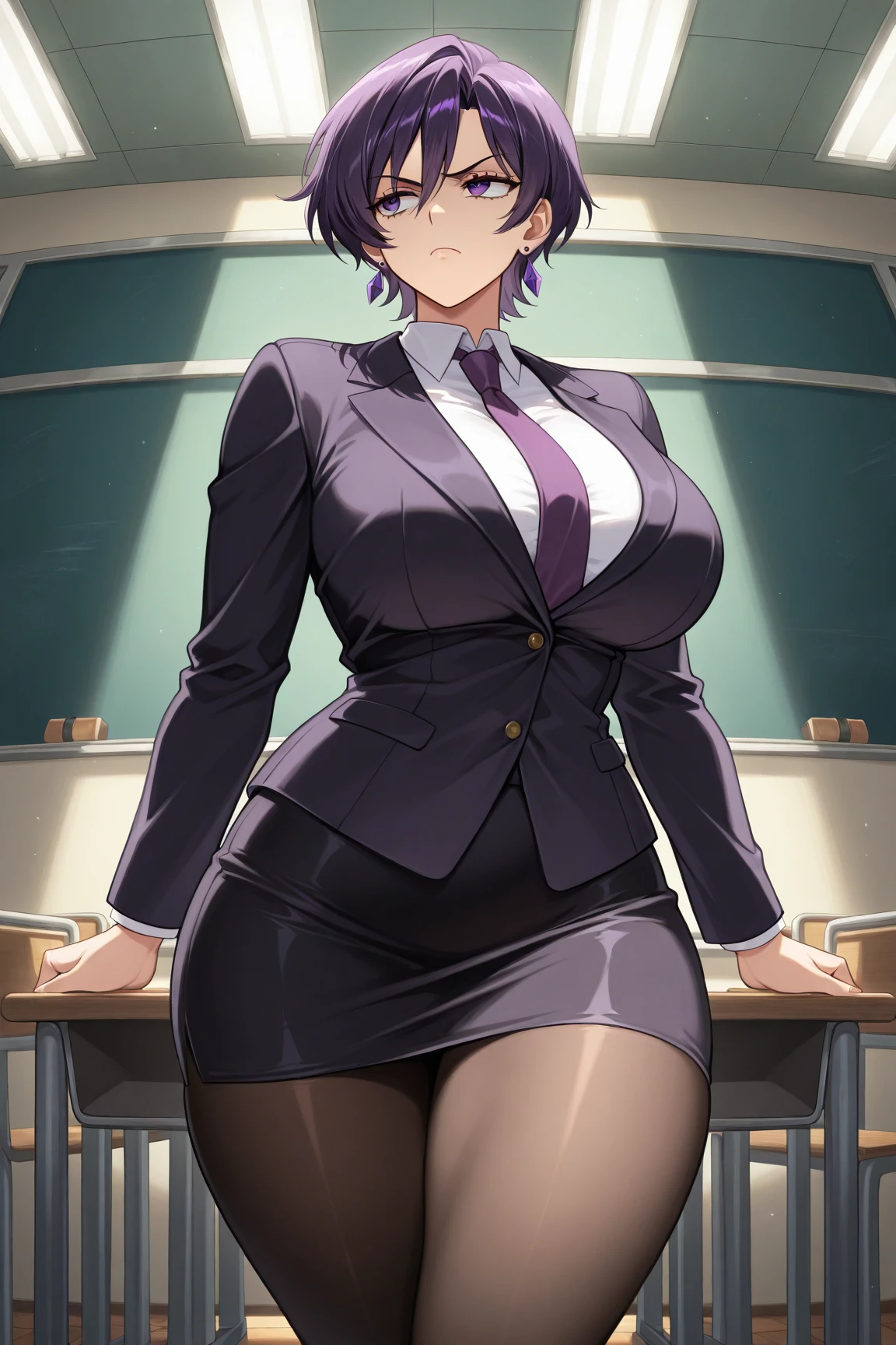 masterpiece, 1 girl, alone, Shortcuts, , Niijima Sae (Person 5)、Big Breasts, Mature Woman, Glare,Sharp Eyes, Silver Hair、Lilac eyes, Black office suit,Black tight skirt, Pose standing thigh sex,Thick thighs, View from below