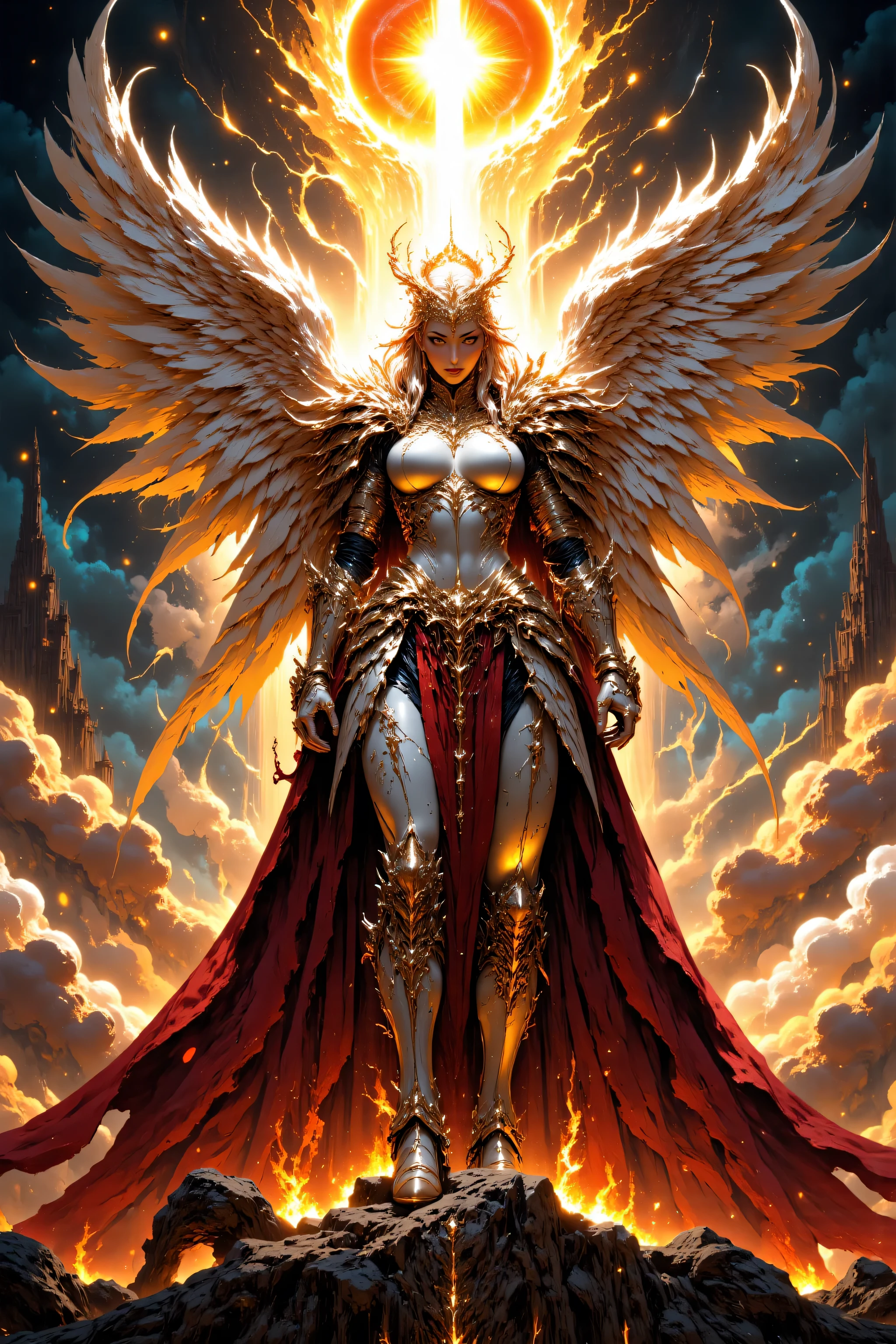 masterpiece,best quality,amazing quality, A powerful, ethereal female angel knight standing on the edge of a radiant cliffside battleground in the heavens, overlooking a sea of golden clouds lit by the light of twin suns. She wears full ceremonial armor forged from polished celestial silver and infused with glowing lines of holy gold, with layered, overlapping breastplate segments resembling feather patterns. Each armor plate is engraved with ancient angelic script and filigree, catching the ambient divine light with every movement. Her gauntlets feature jointed finger armor tipped with golden talon-like claws, and her pauldrons flare upward into winged motifs that curl like sculpted flame. Her tassets and greaves are reinforced with ornate holy glyphs carved into obsidian underlayers, glowing faintly with light magic. A blood-red velvet cape embroidered with celestial runes flows behind her, tethered to lionhead clasps on her collarbone. Her wings are enormous, arching wide with radiant white feathers edged in gold, some tipped with burning embers — a visual echo of her divine power