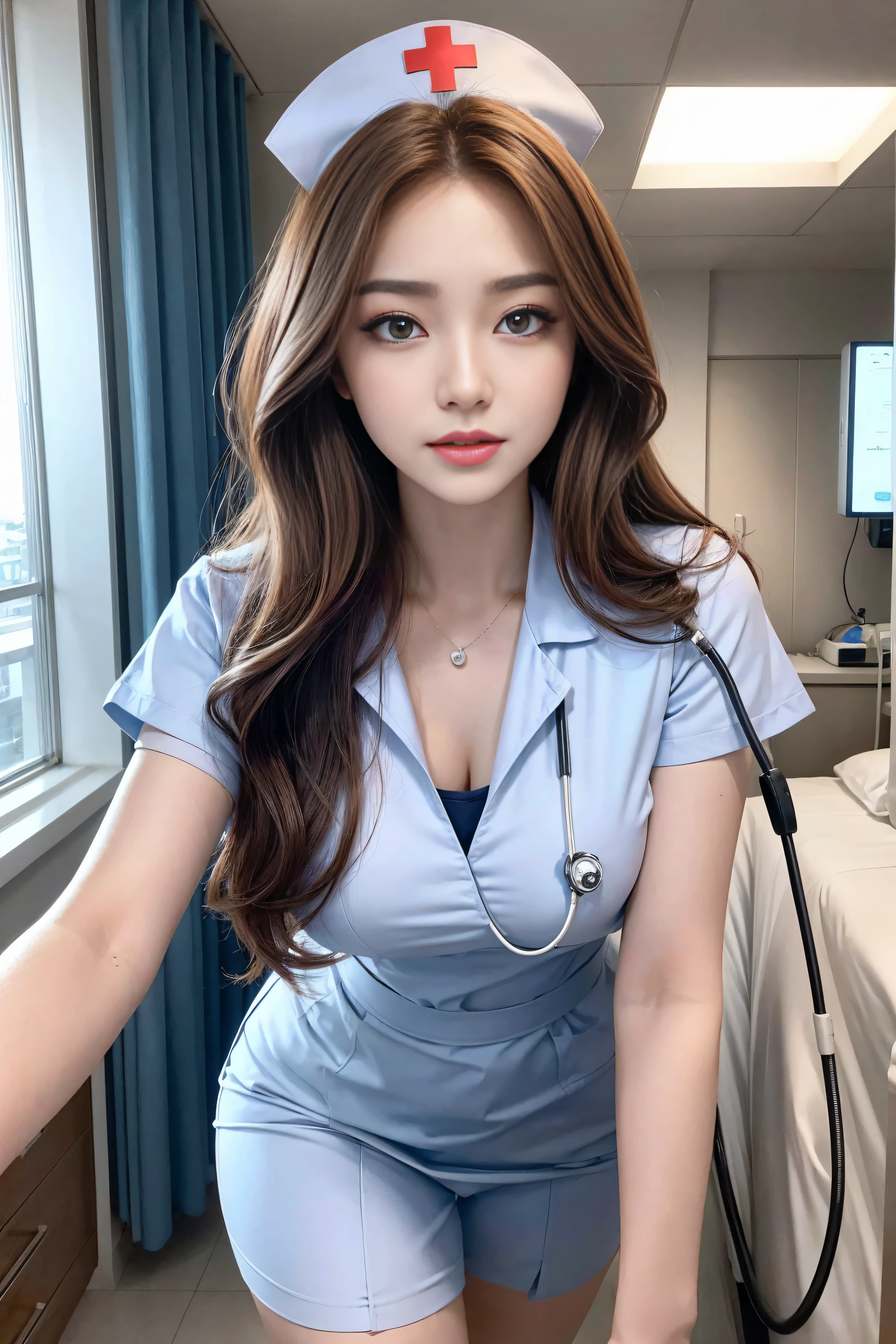 table top、be familiar with、8K、highest quality、masterpiece、photo-realistic、realistic、realistic、ultra high resolution、Ray tracing method、Highly be familiar with skin and facial textures、Detail of limbs、((nurse girl))、Cute sexy 22 year old woman、(light brown hair:1.4、long hair、layered hair:1.4)、beautiful tanned skin:1.4、beautiful face、sexy face、round face、look away、Eyes that feel beautiful eros、small mouth、thick lips、gal makeup、pink lip gloss:1.4、cleavage)、beautiful feet、(nurse uniform, nurse cap、tight mini skirt:1.4、costume with buttons、Stethoscope)、bright hospital room、hospital bed、Look down as if looking into the camera.、Please smile、shot from below
