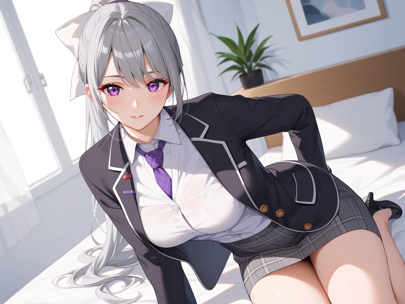 1girl, gray long hair, introvert, small_breasts, big tail, squirrel beauty girl, Squirrel tail, squirrel ears, The tail is behind, purple eyes, grey tail, grey hair, grey ears, light purple eyes, small_breasts, Cute Mute, light-colored shirt, over the knee socks, miniskirt, purple skirt, thighhigh, In school, Sony FE, anime, masterpiece, highres, high details, high quality