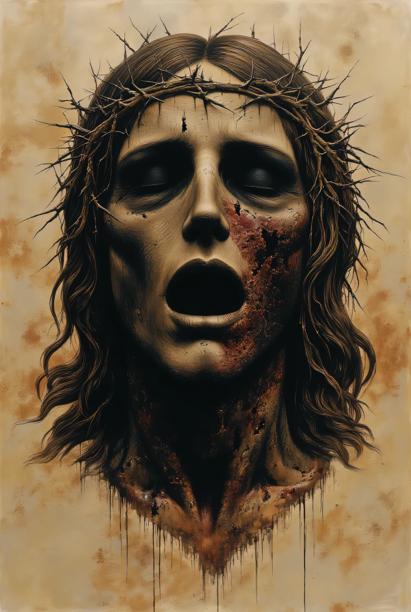 ((best quality)), ((Masterpiece)), (Highly detailed:1.3), Tattoo sketch of Jesus Christ's face covered in wounds, without eyes, with his mouth open, wearing a crown of thorns on his head, (very complex and realistic texture: 1.2), (best quality, 4k, 8k, high resolution, Masterpiece:1.2), ultra detailed, (realistic, photorealistic, photo-realistic:1.37),