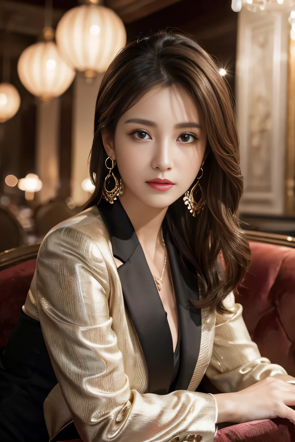 masterpiece, Highest quality, Realistic, Very detailed, Finer details, High resolution, 8k wallpaper, One beautiful woman, Wear a nice suit, In a great restaurant, At night, Light brown messy hair, Perfect dynamic composition, Beautiful and beautiful eyes、Big earrings、Sit on a chair