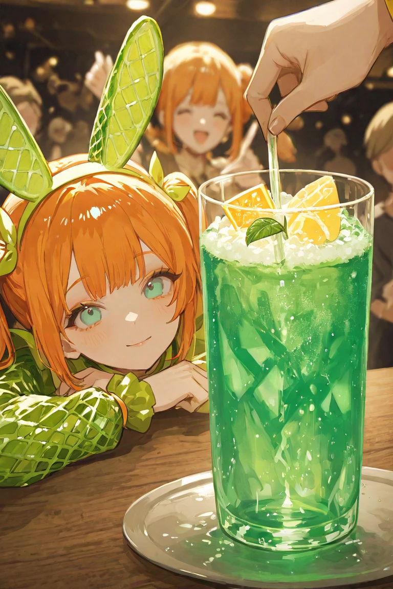 (masterpiece, best quality, vivid colors), A cute and tender slime girl sitting in a cafe, full lips, Long hair, orange hair, green eyes, pink lips, anime screencap, full body shot, slime girl, slimegirlsupremacy, slimegirlsfw