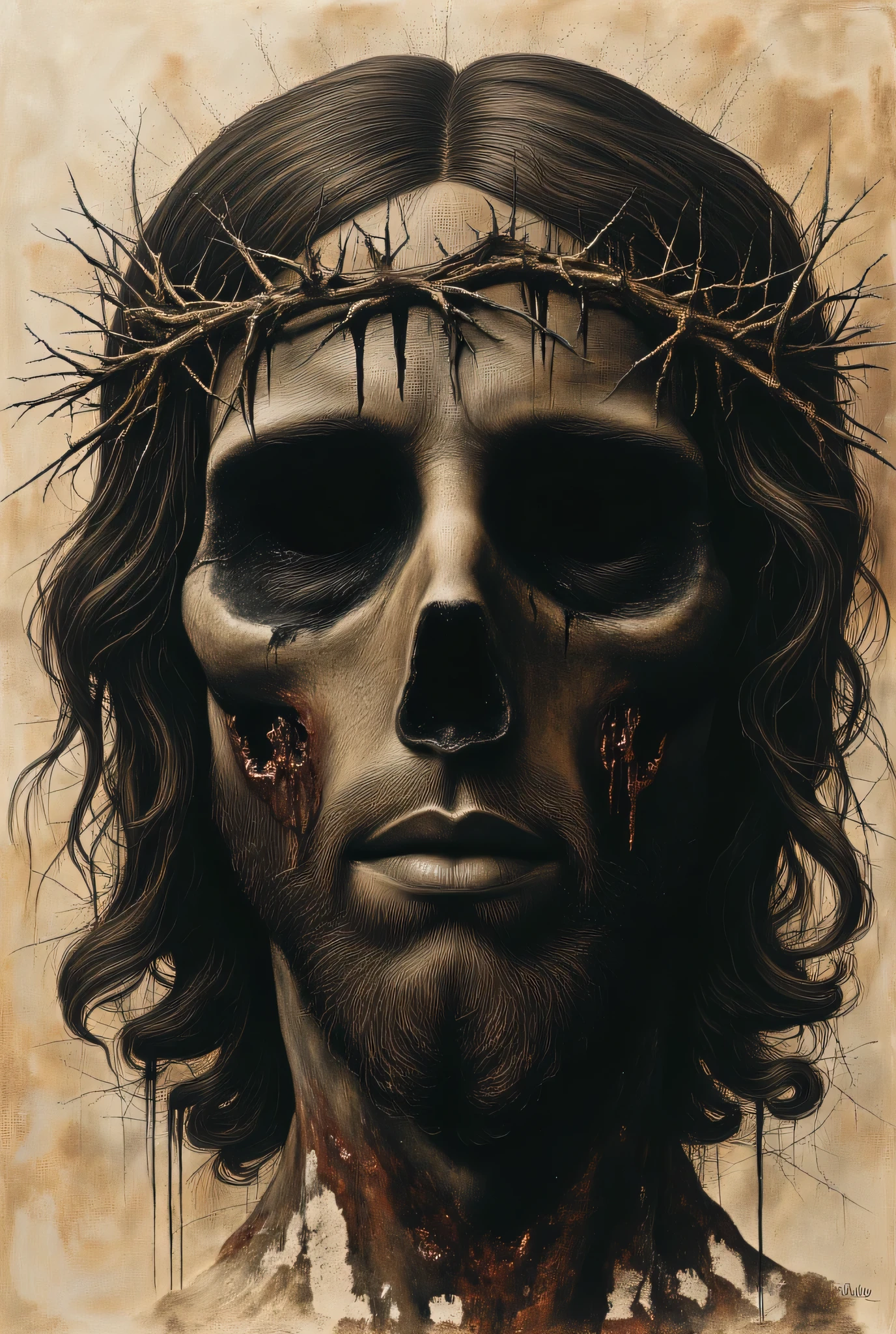 ((best quality)), ((Masterpiece)), (Highly detailed:1.3), Tattoo sketch of Jesus Christ's face covered in wounds, without eyes, with his mouth open, wearing a crown of thorns on his head, (very complex and realistic texture: 1.2), (best quality, 4k, 8k, high resolution, Masterpiece:1.2), ultra detailed, (realistic, photorealistic, photo-realistic:1.37),