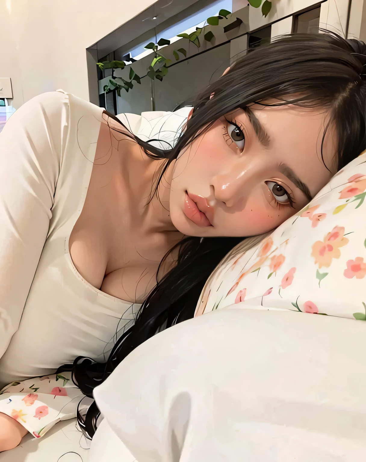 (8K、big tits、Seductive face、seductiv 、large and natural sagging breasts、big lips like hanna kae
