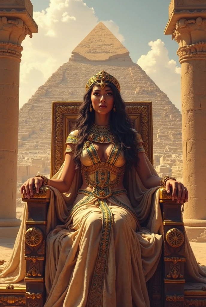 Queen Cleopatra, beautiful detailed woman with perfect curves, big round ass, great bosom, wearing a tight sexy outfit, sitting on a golden throne, pyramids and julius Cäsar in the background, oasis in the desert, dramatic lighting, intricate details, photorealistic, 8k, HDR, highly detailed, vibrant colors, cinematic composition, chiaroscuro lighting, dramatic shadows, warm color tones, professional digital art