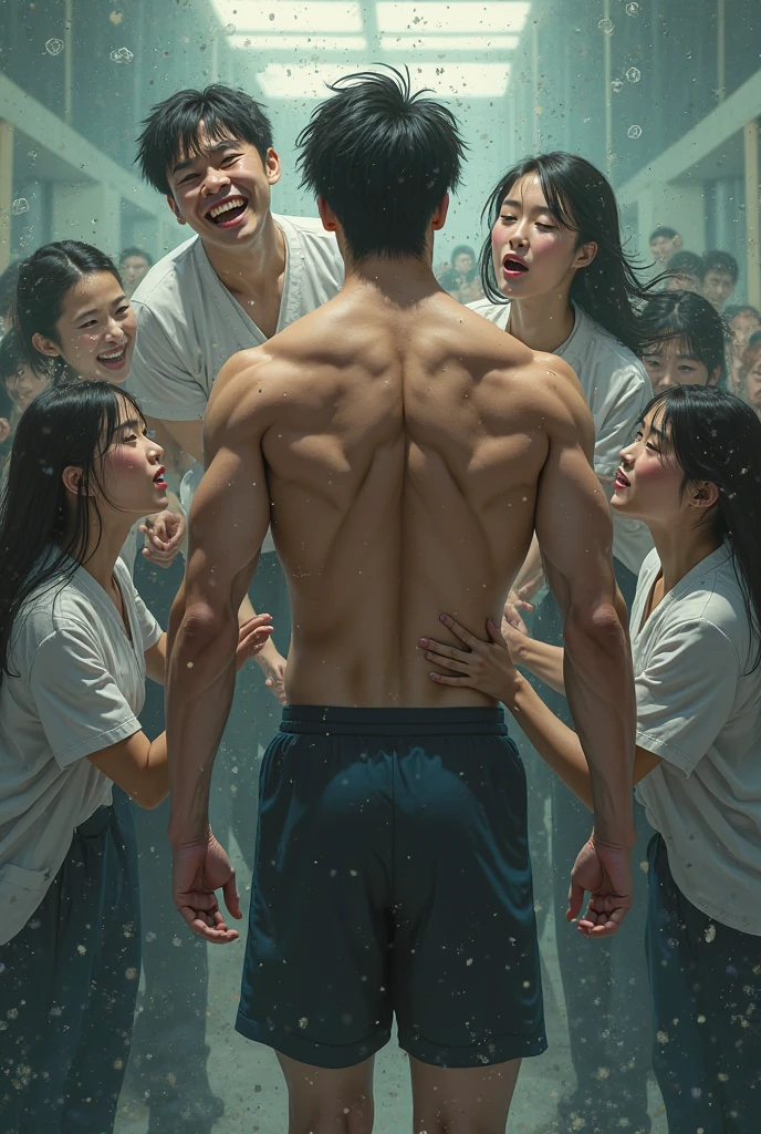 Real photo style、Realistic、Cute handsome man、Idol face、、Japanese、Slim body、Mash Hair、Completely naked、Full nudity、darkness、Mirrored wall、Being surrounded by old people and being touched