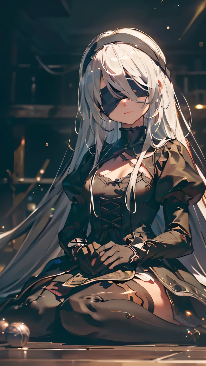   (head tilt), 　(arms behind:1.2),  looking down,
1Girl, white hair,　(Ball Jointed Doll), Countless threads hanging from the ceiling: 1.5), 　hair ornament,　(plastic glitter white leotard:1.2),

(black blindfold:1.5),  bewitching pose, (glistening skin:1.2),
(gothic dress), gloves, thighhighs, puffy sleeves,  long sleeves, 
  (lot of threads spread out on the floor:1.5),
(detailed puppet in the shape of a  girl:1.1), 
 (scene set in a darkened theater or studio:1.2) , (dark, rich background with subtle textures:1.2), 
(dramatic baroque lighting, chiaroscuro style:1.3), (strong contrast of light and shadow highlighting :1.3), 
(symmetrical, theatrical composition evoking control and destiny:1.3), (lens for soft bokeh:1.3), 
(shallow depth of field focused on the :1.3), (high resolution for fine detail:1.3), (RAW capture format for post-processing:1.3),
(long thread manipulated with fingers) , (tangled thread), (threads stretched like a spider web) , (marionette) , 
