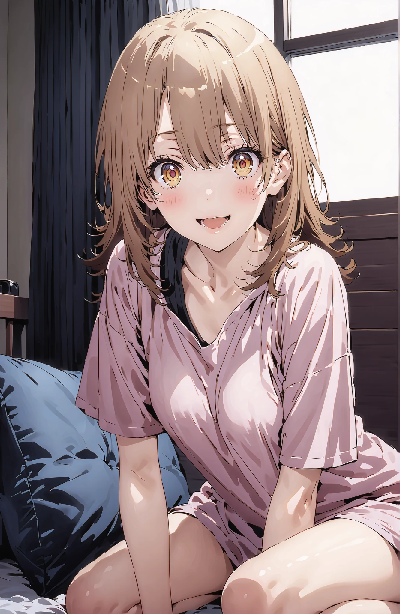 score_9, score_8_up, score_7_up, source_anime,Iroha Isshiki, long hair, brown hair, brown eyes,smile,blush,opens his mouth,oversized t-shirt, one shoulder,Medium breast,Bare legs,bare feet,morning,morning日,interior,curtains,window, bet, betの上に座っている,Waking up,hugging a pillow, Beautiful Streetscapes,full bodyがイラストに入るように,in their 40s looking at viewer,full body,
in their 40s indoors,bedroom,
in their 40s (masterpiece:1.2), best quality, high resolution, Unity 8Kの壁紙, ( illustration :0.8), (beautiful detailed eyes:1.6), very detailed face, perfect lighting, very detailed CG, (perfect hand in h, perfect anatomy),