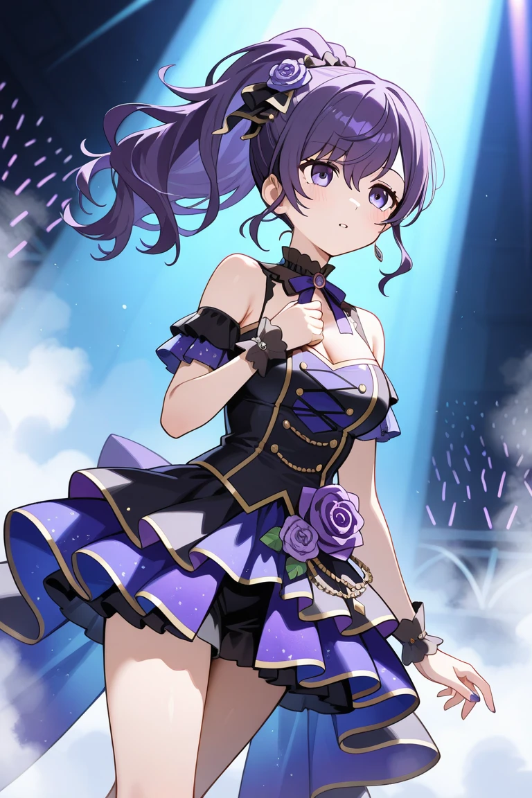 masterpiece, best quality,
narita top road,
grass, stadium, confetti,
standing, sweatdrop, hand up, looking down,
ear cover, star hair ornament, brooch, sleeveless dress, purple dress, white bow, mismatched gloves, white gloves, black gloves, shoulder cutout, puffy long sleeves, detached sleeves, see-through sleeves, frills, shorts under dress, short shorts, purple shorts, thigh strap, knee boots, purple footwear,