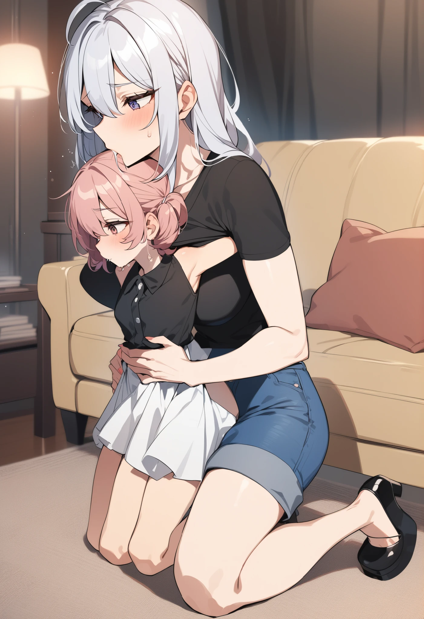 Anime girl kneeling in the living room while sucking her trans mom
