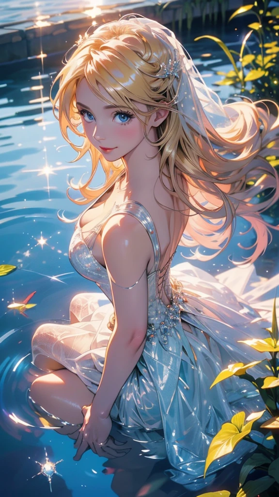 a beautiful woman swimming gracefully in crystal clear water, mermaid-like, feeling the power of the water, sunlight dancing on the surface, surrounded by colorful underwater plants and fish in a vibrant marine ecosystem, her movements weightless and ethereal, her wet hair flowing like a veil, her expression serene as she swims freely, (best quality,4k,8k,highres,masterpiece:1.2),ultra-detailed,(realistic,photorealistic,photo-realistic:1.37),portrait,fantasy,underwater,natural lighting,detailed face,long hair,blonde hair,blue eyes,glowing skin,smiling