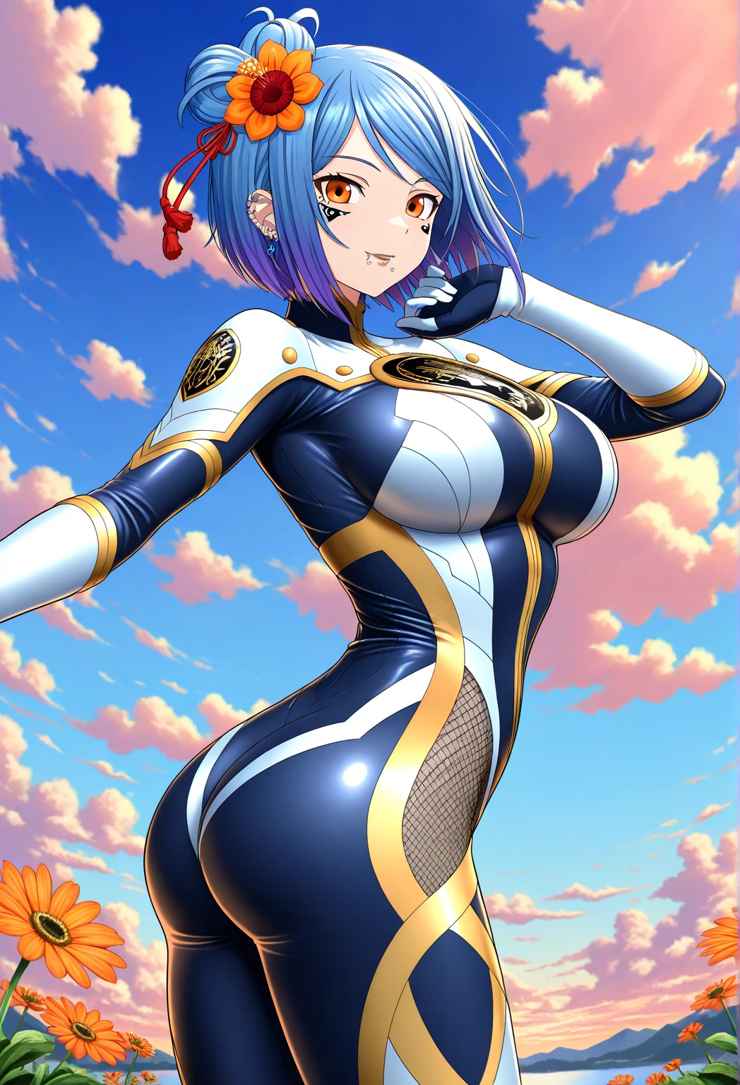 ((super high quality,Ultra-high resolution,4K,8k,super masterpiece,Ultra HD)),Sea in clear skies,Looking up from below,The blazing sun,One Girl,((Shiny blue tracksuit,Naked in a sweatsuit,(Large collar,Open collar,Tight collar),Zipper opening from under the chin to under the navel,Fine zipper),Cleavage,aexy),Long straight black hair,smile,Sharp Eyes,soaked,Sweaty,Place one hand on hip,