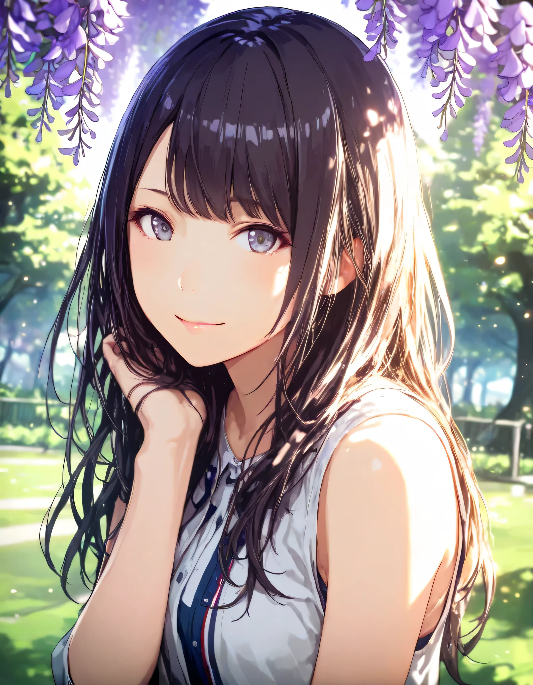 1girl, project sekai, year 2016, upper body, green park, spring, wisteria, casual clothes, masterpiece, high score, great score, absurdres, 16k, super detail