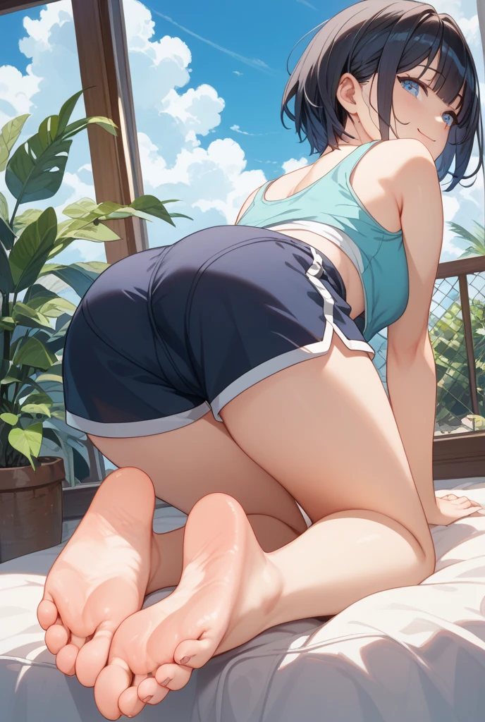 ((masterpiece,High resolution,Highest quality,8k))
(Black Hair、short hair、Blue eyes、Big Breasts、Navy blue high leg swimsuit))Rear view,From behind、Big Breasts、Whip ass、Summer tatami room、Expressionless、I have a book、Chubby body type、