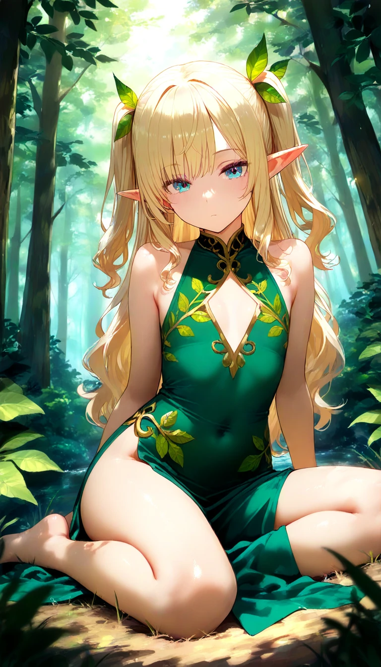 1 girl, yellow hair, green eyes, elf ears, robes, bow and arrow, lying on floor, top down, small breast, camel toe, forest background