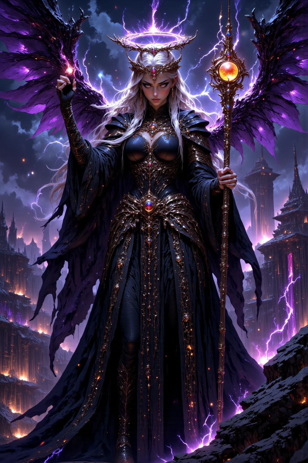 (masterpiece, photorealistic:1.4, extremely intricate:1.3), (photon mapping, radiosity, physically based rendering, ultra resolution, hyper-realistic, photorealistic:1.4, hyper-realistic, 8K), (((blonde buxom Sylph, large breasts))) purple black sorceress, staff raised, shadow power