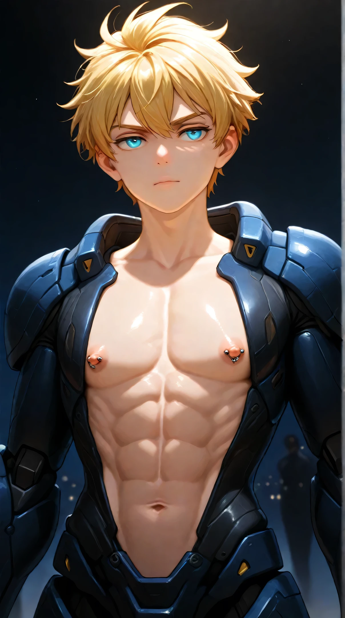 A high-definition image of a young age boy wearing a mecha gundam full body armor that open only at the abdomen and chest, revealing defined abs and chest to his nipples, The background shows a futuristic, high-tech setting with advanced machinery and dim, atmospheric lighting to emphasize the details of the armor and the boy's physique. The boy looks determined and focused, as if preparing for an upcoming battle or mission. art style and the armor should be cover all his body except for abs and chest shota, A broader chest calm face,dark atmosfer,good shedding,yellow hair,good nipple,chest and abs looks shiny,shoot from down,young age all hd quality,semi realistic, good line art and light from his back,good abs, short hair,solo leveling art style,3d,ring nipple piercing with shining blue gewel ,(full cover armor side and back),make sure to keep open his chest and abs,head tilted upwards showing an arrogant face,night city with crowd people for background,black gundam armor,uncover neck,his neck should be exposed, exposed neck,no collar,no collar armor