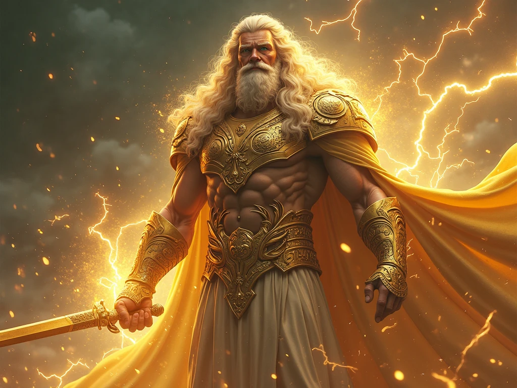 um close up de um homem com barba e um raio, Furioso Deus Zeus, O Deus Zeus, epic scene of zeus, the god of thunder, Retrato pintado de Zeus acidentado, god of thunder, O Deus Poseidon, epic fantasy character art, Retrato Zeus, epic character art, forte e imponente, muscular character, Retrato de Zeus acidentado