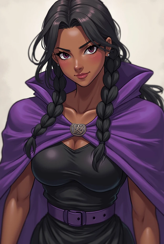 Portrait, Masterpiece, Excellent Quality, 1girl, solo, intricate details, color diffusion, close-up shot, African-American female, dark-skinned female, brown skin, slim body, thighs, long black dreadlocks, dark hair, black hair, purple eyes, sexy combat attire, cape, cloak, battle pose, badass, lust demon, Super Villain, Sci-Fi, Fantasy
