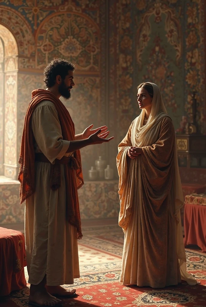 A woman shyly introducing herself to a man on a throne, in Israelite clothing, in the time of King David
